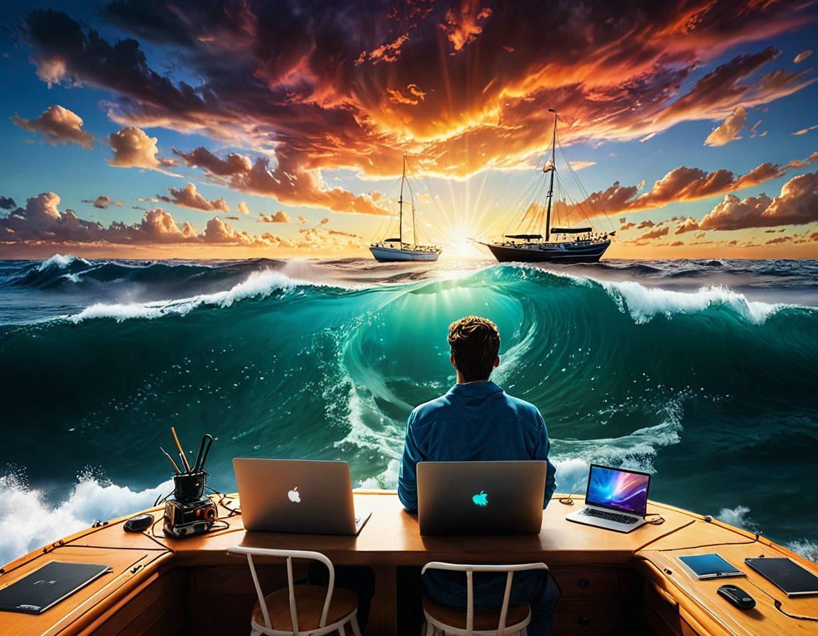 A bold digital ocean with luminous beacons casting colorful light across waves of content ideas like blog posts and videos. In the foreground, a creative navigator sailing on a vibrant boat, equipped with tools like a laptop and camera. The sky is filled with swirling clouds of inspiration and energy. The scene is infused with a touch of magic and adventure. super-realistic. vibrant colors. dynamic composition.