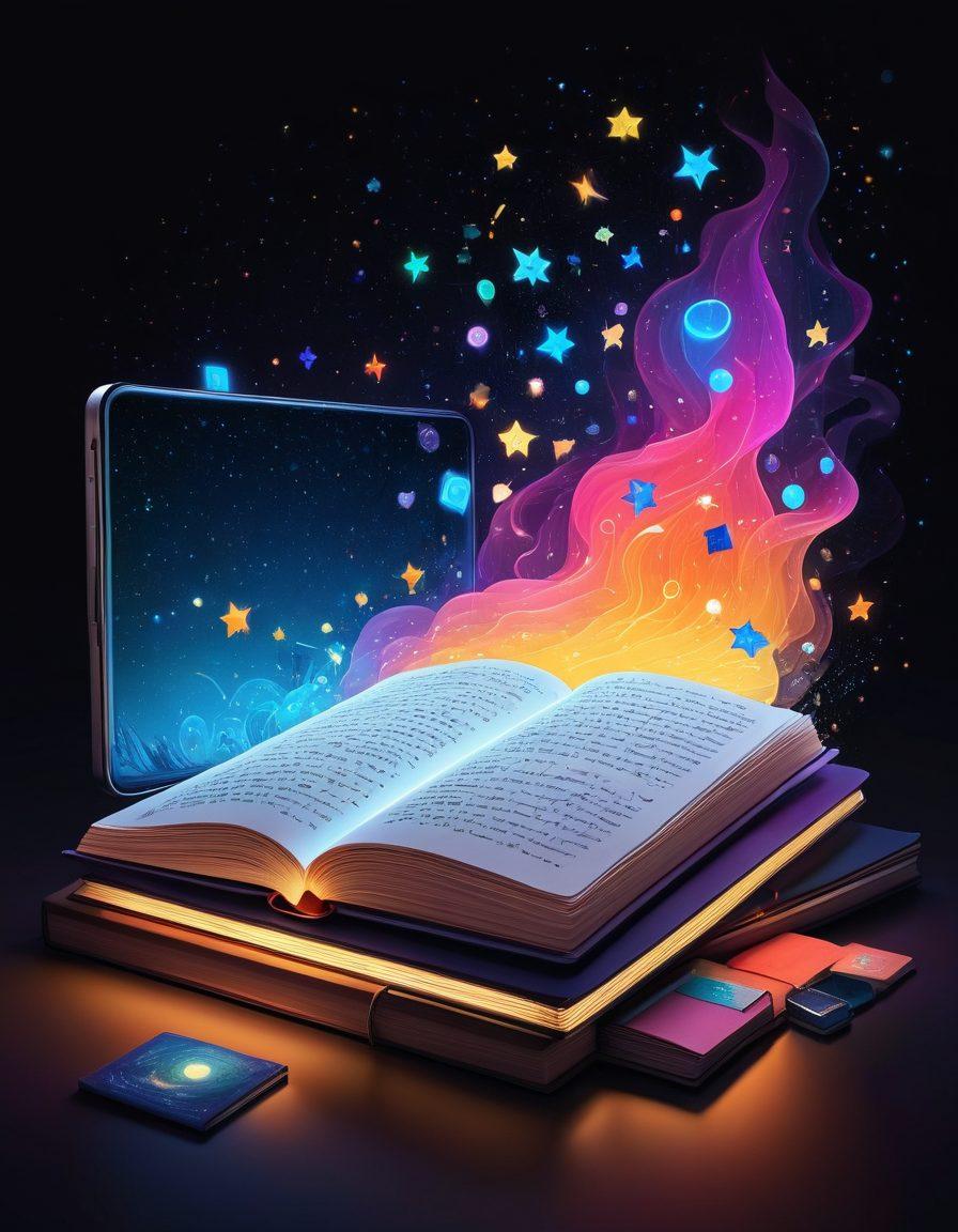 A whimsical illustration of a digital diary glowing with luminescent beacons illuminating engaging and interactive content, surrounded by floating icons of various multimedia elements like videos, images, and text bubbles. The scene depicts a serene online environment with a starry night background, symbolizing exploration and creativity. The diary is open, revealing colorful pages filled with vibrant text and sketches, inviting users to navigate its contents. surrealistic. vibrant colors. dark background.