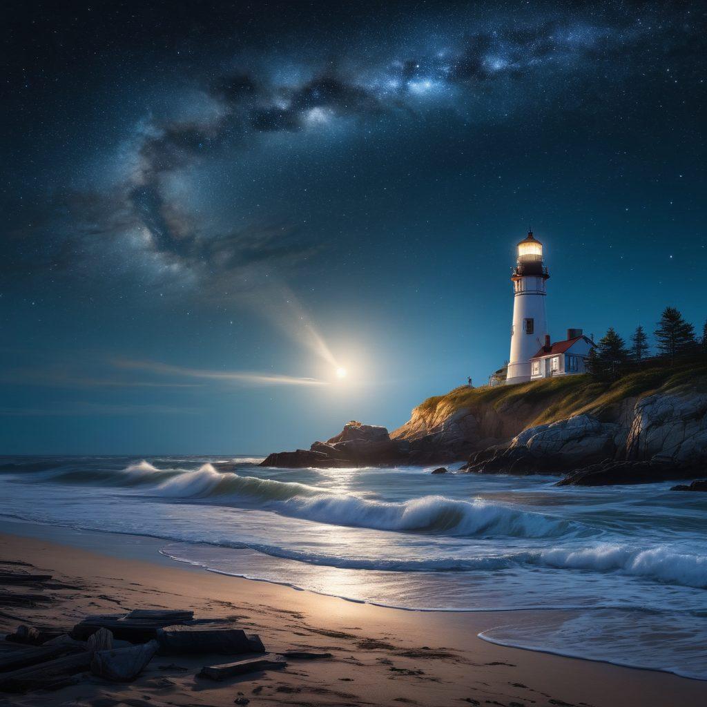 A serene coastal scene featuring a tall, majestic lighthouse beaming a bright light into the starry night sky, symbolizing guidance and inspiration for writers. In the foreground, an open laptop rests on a weathered wooden table, illuminating the words 'Blogging' in soft blue light, merging the physical and digital worlds. The waves gently crash on the shore, reflecting the light of the beacon with a calming glow. A moonlit sky filled with twinkling stars creates a dreamy atmosphere. super-realistic. vibrant colors. 3D.